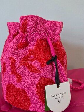 NWT Kate Spade X Target Pink and Red Beaded Drawstring Bucket Bag